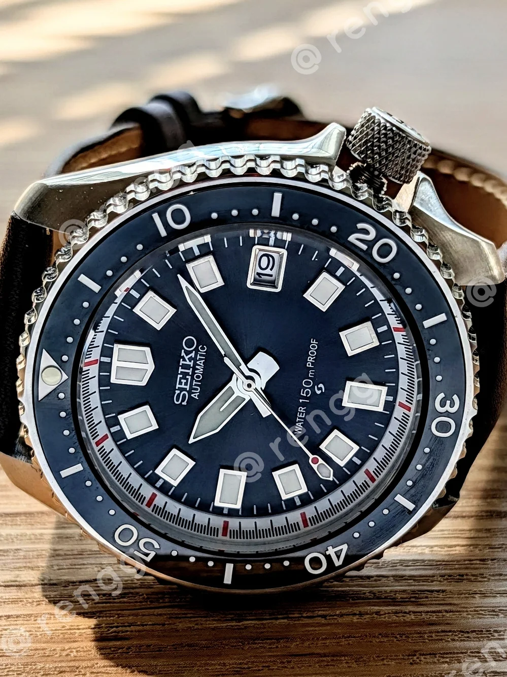 42mm Seiko Black Dial Automatic Diver Mod Watch Sapphire  Brown Leather Strap